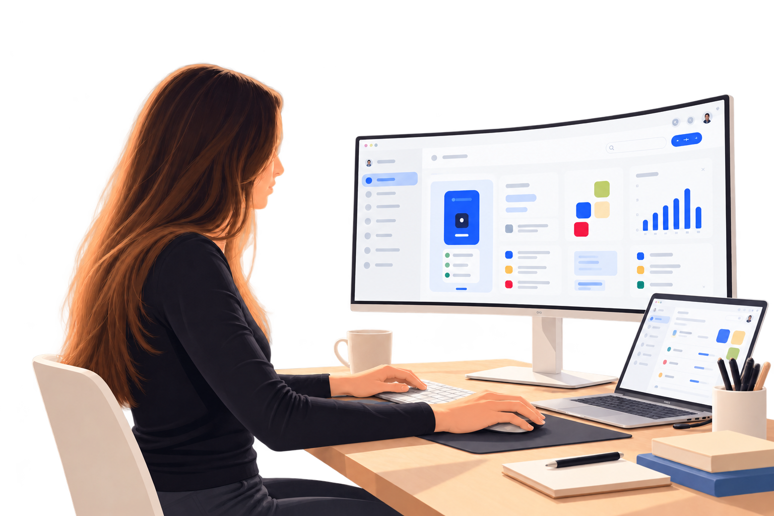 Illustration einer Designerin, die an einem Schreibtisch mit großem Monitor und Laptop an einer Dashboard-Oberfläche arbeitet.
